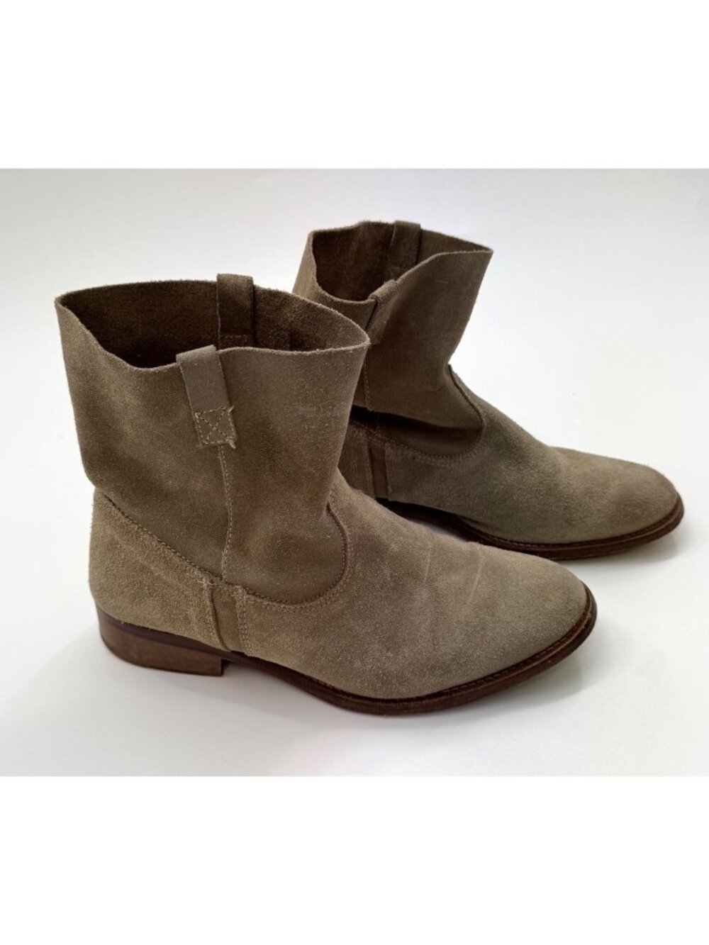 Boden Beige Suede Leather Ankle Boots EU 38 US 7 Pull On Low Block Heel Western